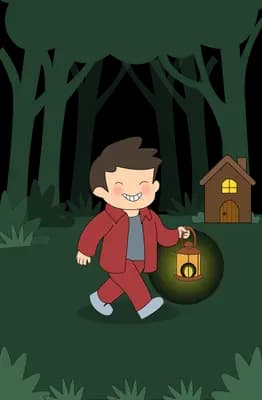 Boy carrying a lantern through a dark forest past a tiny door in a tree