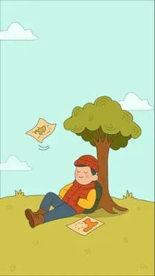 Boy reading a book under a tree on a grassy hill with a kite overhead