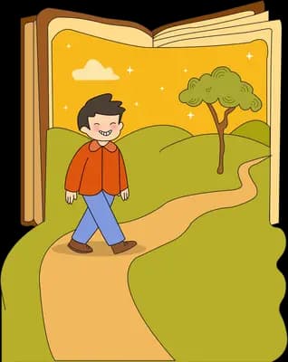Boy walking a winding path that runs out of a giant open book