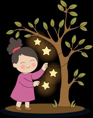 Girl hanging golden stars on the branches of a small tree
