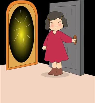 Girl opening a grey door beside a glowing golden mirror portal