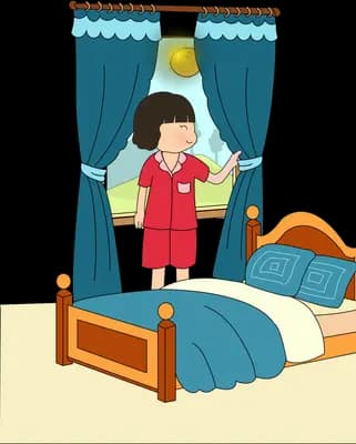 Girl standing on a bed in front of a curtained window with a glowing orb outside