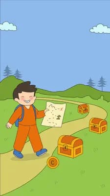 Boy holding a treasure map beside an open treasure chest on a green hill