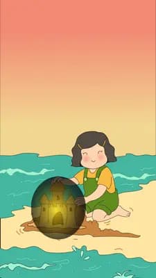 Girl sitting on a beach beside a large dark glowing orb at sunset