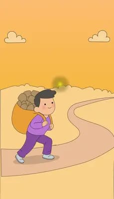 Girl carrying a heavy sack up a winding path with a glowing orb beside her