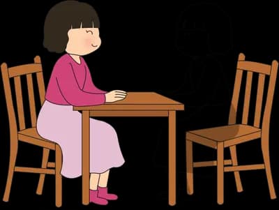 Girl sitting at a small table facing a grey shadow figure in the opposite chair