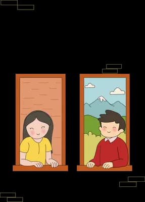 Two children leaning out of neighbouring windows waving to each other