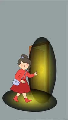 Girl standing at a glowing golden opening in a grey wall