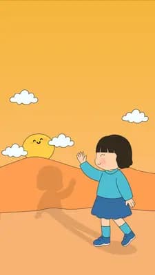 Girl walking across orange sand casting a long shadow with a small bird ahead