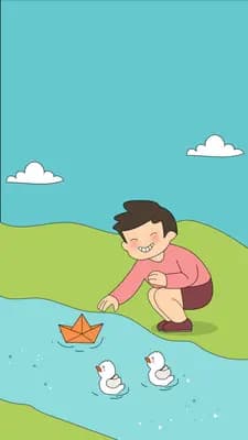 Girl kneeling at a stream floating a paper boat beside ducklings