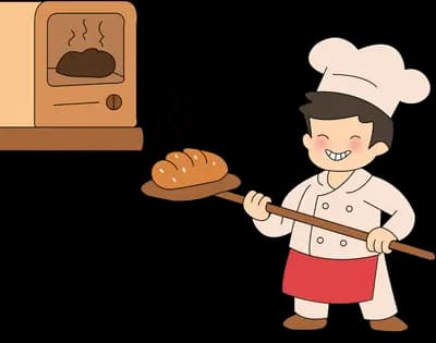Baker in a chef hat pulling a hot loaf of bread from the oven on a peel