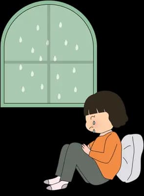 Girl sitting hugging her knees on the floor below a closed window