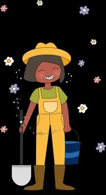 Woman farmer in a straw hat and dungarees carrying a bucket among flowers