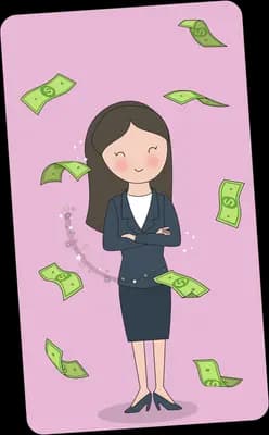 Businesswoman with falling banknotes on a pink card panel