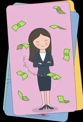 Businesswoman with banknotes on stacked pink and blue card panels