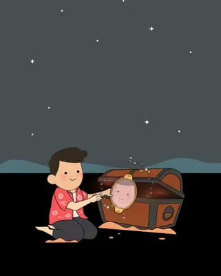Boy sitting on the ground opening a wooden treasure chest under a starry sky