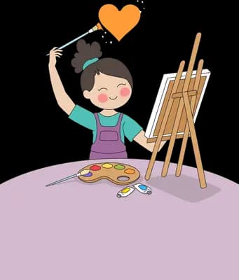 Girl painting an orange heart on an easel with a palette on a purple table