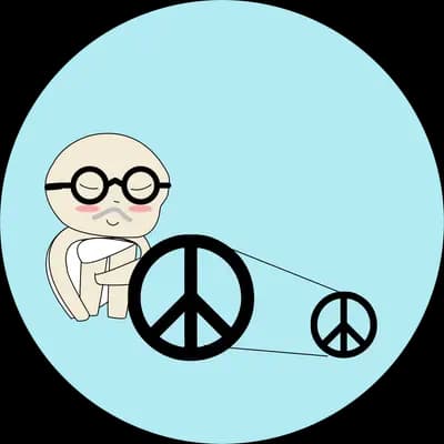Bald man in round glasses seated beside two peace symbols on a blue circle
