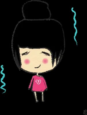Girl in a pink dress with a topknot standing with eyes closed and sweat drops