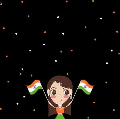 Girl in tricolour clothes waving two indian flags amid confetti