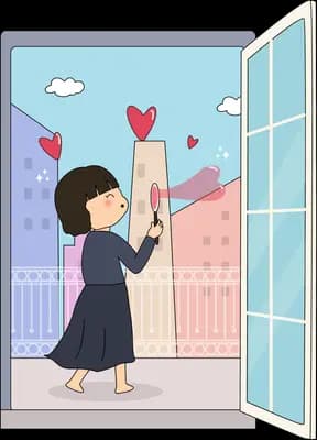 Woman on a balcony setting off a pink streamer popper toward the city with hearts rising