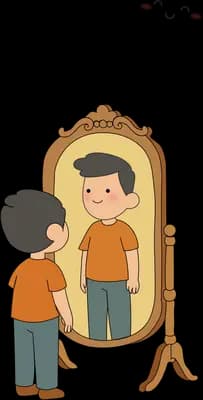 Boy looking into a tall mirror and seeing a grown up version of himself
