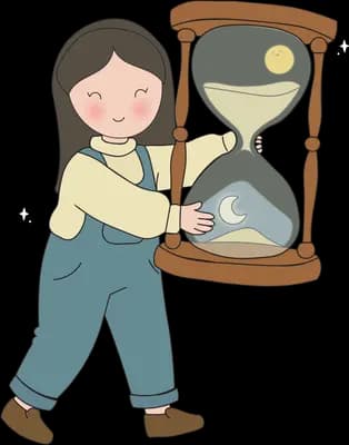 Girl carrying a large wooden hourglass as the sand runs through