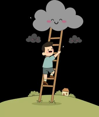Boy climbing a wooden ladder toward a smiling cloud above a green hill