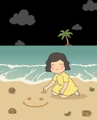 Girl in a yellow dress drawing a smiley face in the sand at the shoreline