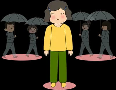 Girl in yellow standing without an umbrella while grey figures pass under theirs