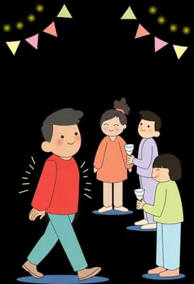 Man walking away as a small group celebrates with a cake under bunting