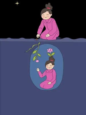 Woman fishing over a dark wall into a deep pool where a pink creature swims