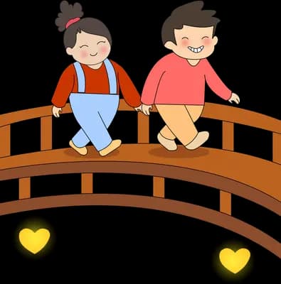 Two children walking across an arched wooden bridge set on heart wheels