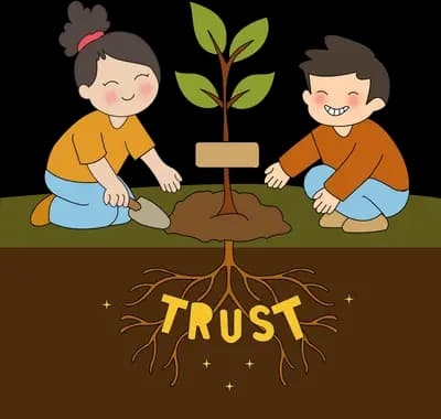 Two children planting a sapling whose roots spell out trust underground
