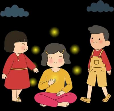 Girl sitting with a glowing orb while two children reach for dark orbs around her