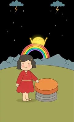 Woman bending to pour a rainbow from a pot on a hill under rain clouds