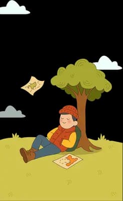 Boy sitting under a tree folding paper planes on a picnic mat