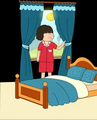 Girl in a red robe opening blue curtains beside her bed to morning sun