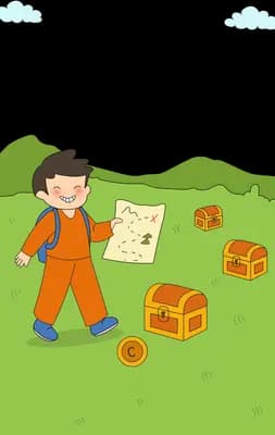 Boy in orange overalls walking with a treasure map past open treasure chests