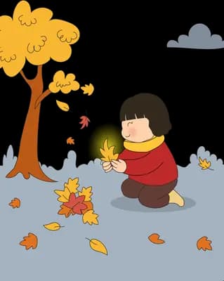 Girl crouching on a path to gather falling autumn leaves under a yellow tree