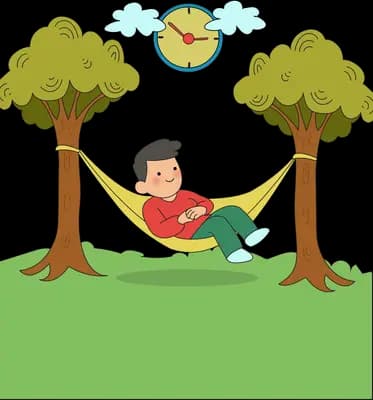 Boy lounging in a hammock slung between two trees under a wall clock