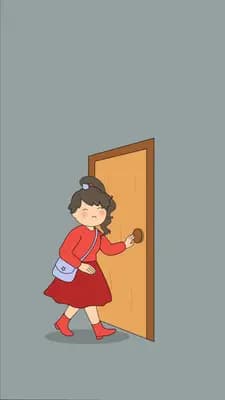 Girl in a red dress pushing open a wooden door in a grey wall