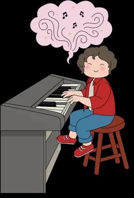 Girl playing an electric keyboard with a tangled pink brain floating above her