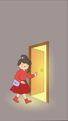 Girl in red pulling open a glowing door set in a grey wall