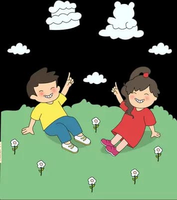 Boy and girl sitting on the grass blowing dandelion seeds into the air