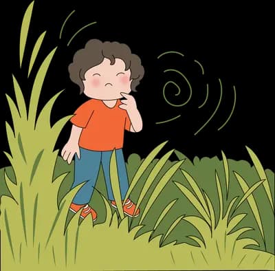 Boy standing lost in tall grass with a confused spiral over his head