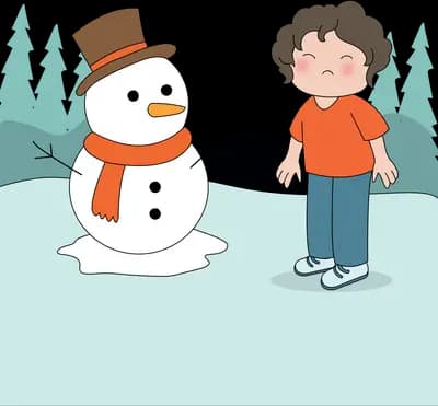 Boy raising his arms beside a snowman in a top hat and scarf