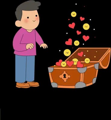 Man standing before an open treasure chest spilling hearts and gold coins