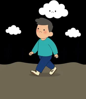 Man walking across a bare brown field under a small cloud
