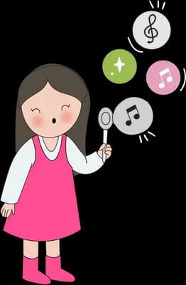 Girl in a pink dress with app icon bubbles floating beside her